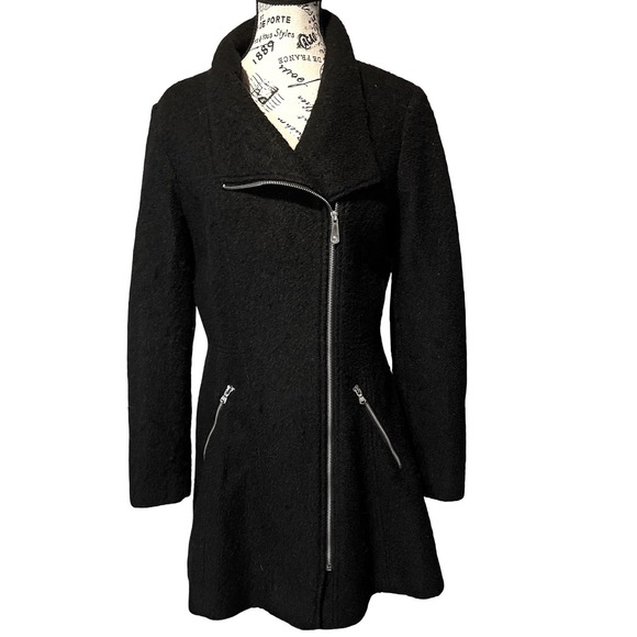 Guess Los Angeles Black Wool-Blend Asymmetrical Zip Coat Size Large EUC - Picture 3 of 13